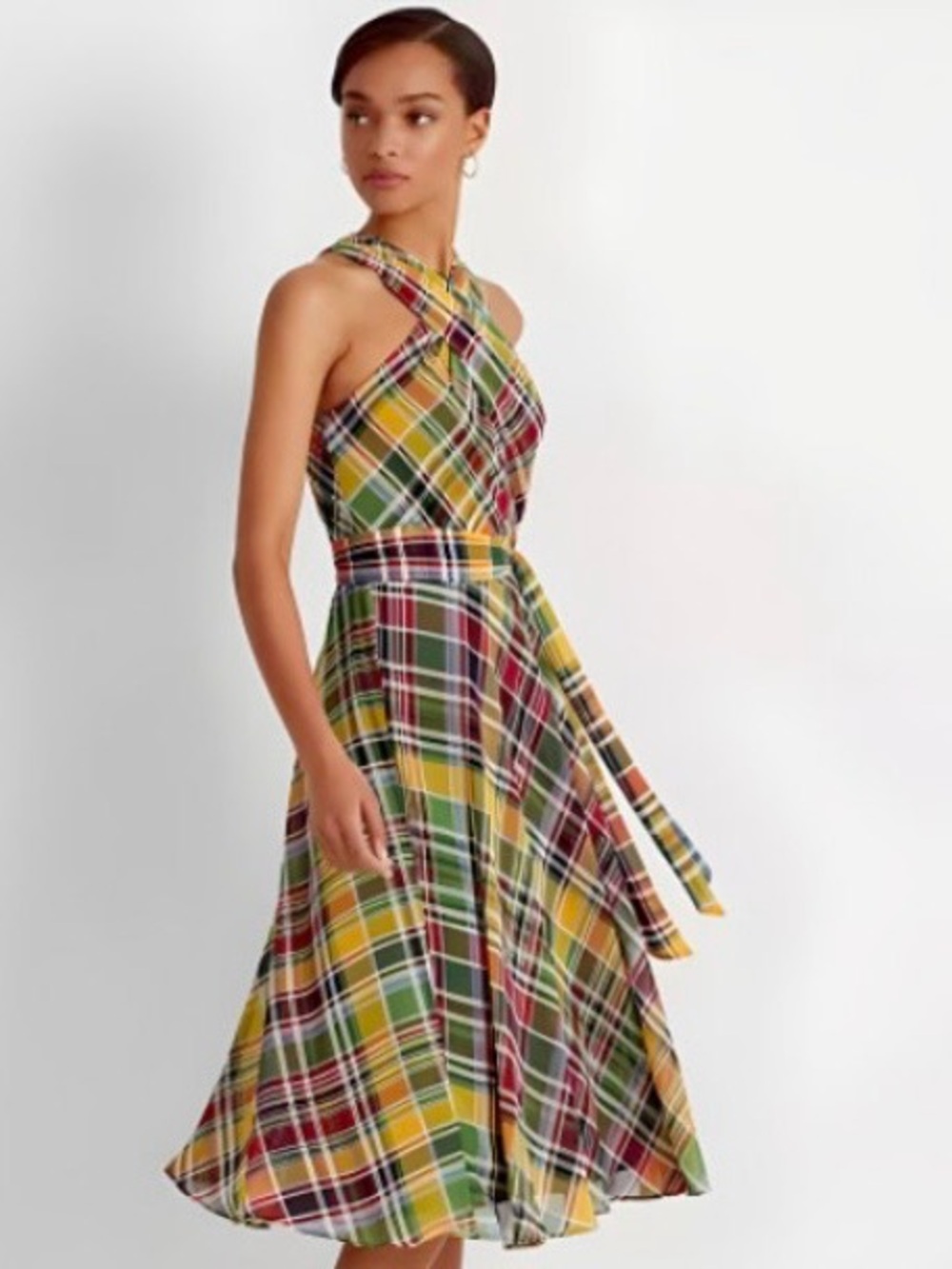 Lauren Ralph Lauren One-Shoulder Plaid Midi Dress in Green, Yellow and Red - Picture 3 of 10